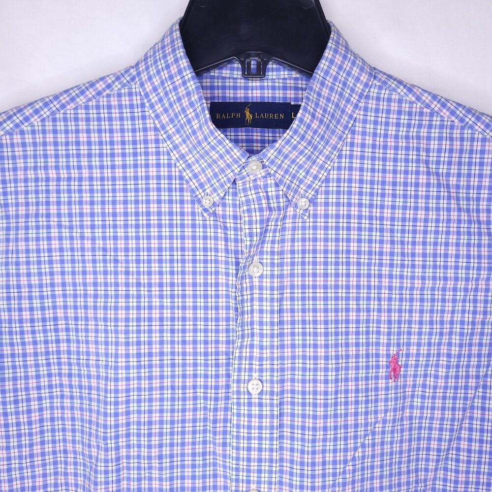 Ralph Lauren Shirt Mens Large Check Blue, White Pink Pony Cotton